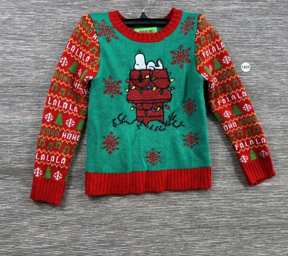 Ugly Sweater Peanuts Snoopy Christmas Girls Size XS 6/6X Green Red Long Sleeves